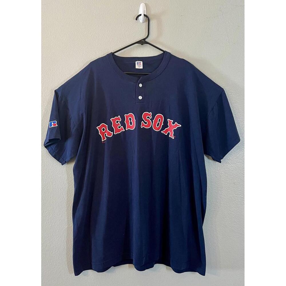 Vtg 90s Boston Red Sox Henley T Shirt XXL MLB Baseball Russell Athletic